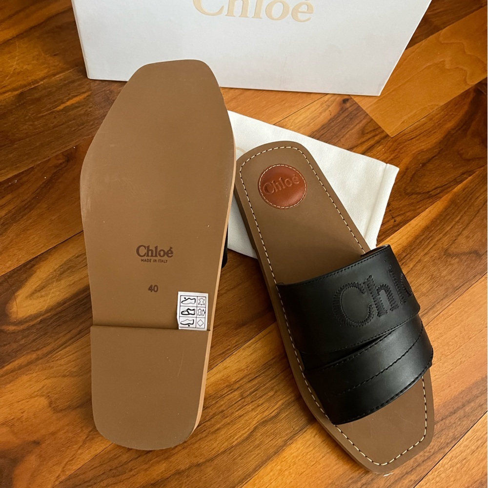 Chloe Woody Logo Leather Strap Slides Sandals size 40, NEW - Picture 6 of 14